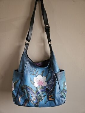 Anuschka Blue Floral Leather Shoulder Bag